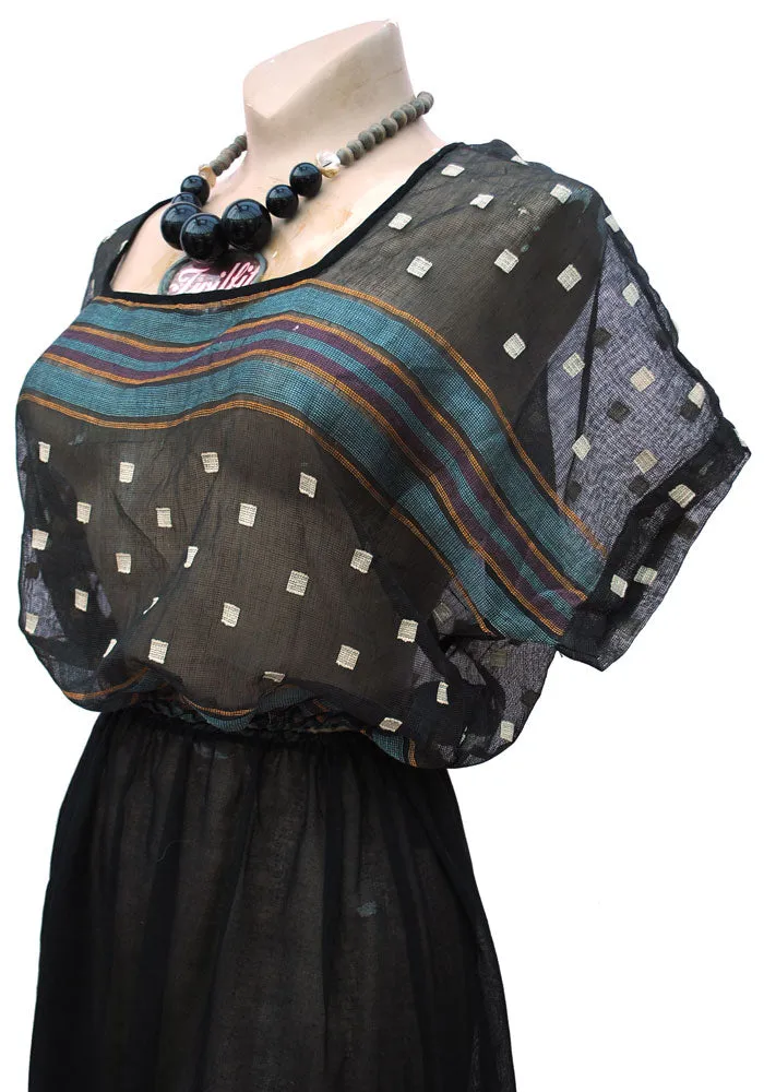 1930s Vintage Sheer Gauze Black Top and Skirt Set • Boho Peasant Top