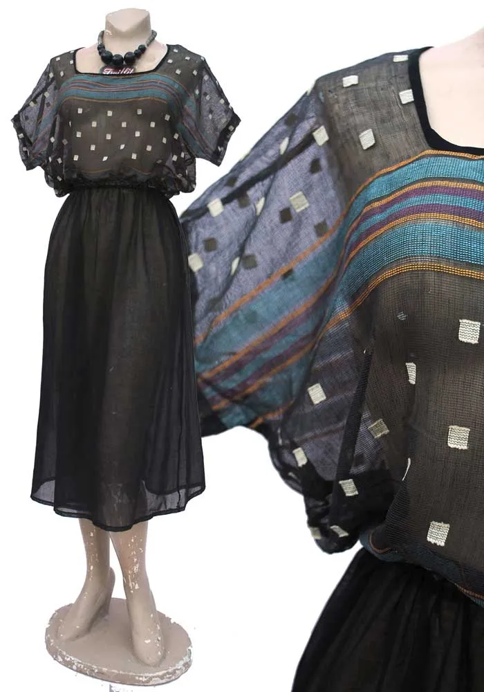 1930s Vintage Sheer Gauze Black Top and Skirt Set • Boho Peasant Top