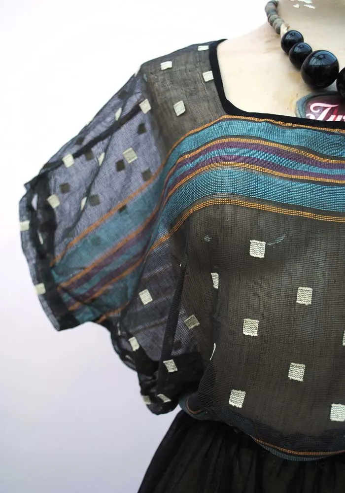1930s Vintage Sheer Gauze Black Top and Skirt Set • Boho Peasant Top