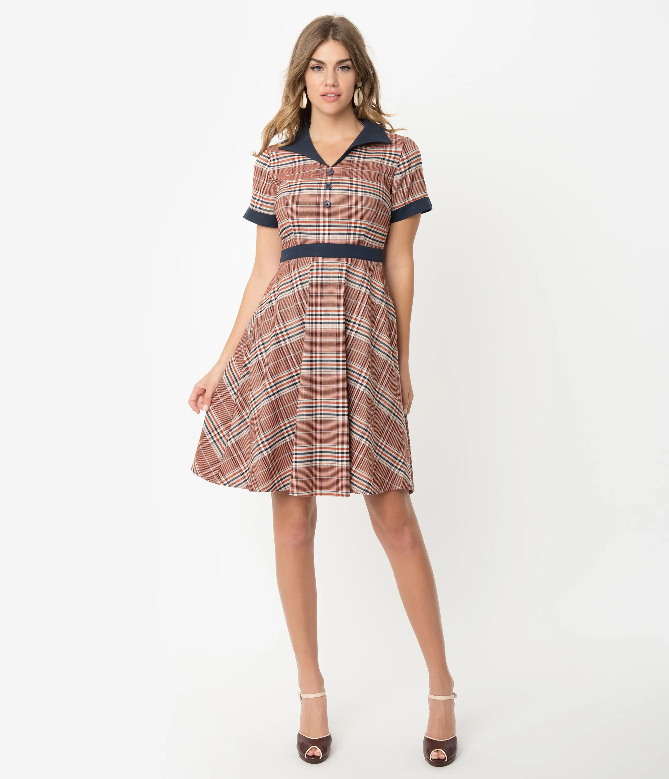 1950s Style Red & Navy Plaid Woven Short Sleeve Swing Dress