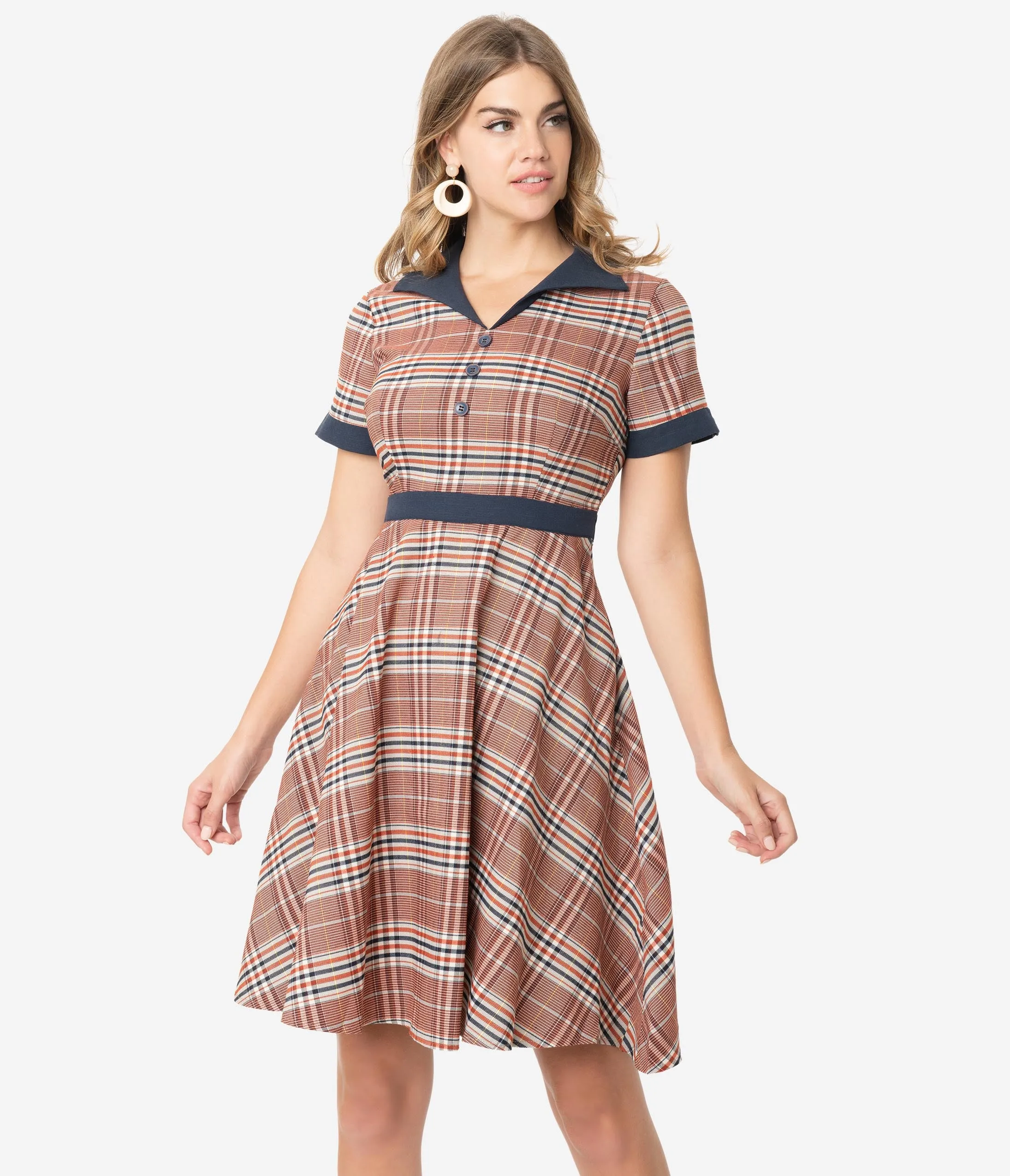 1950s Style Red & Navy Plaid Woven Short Sleeve Swing Dress