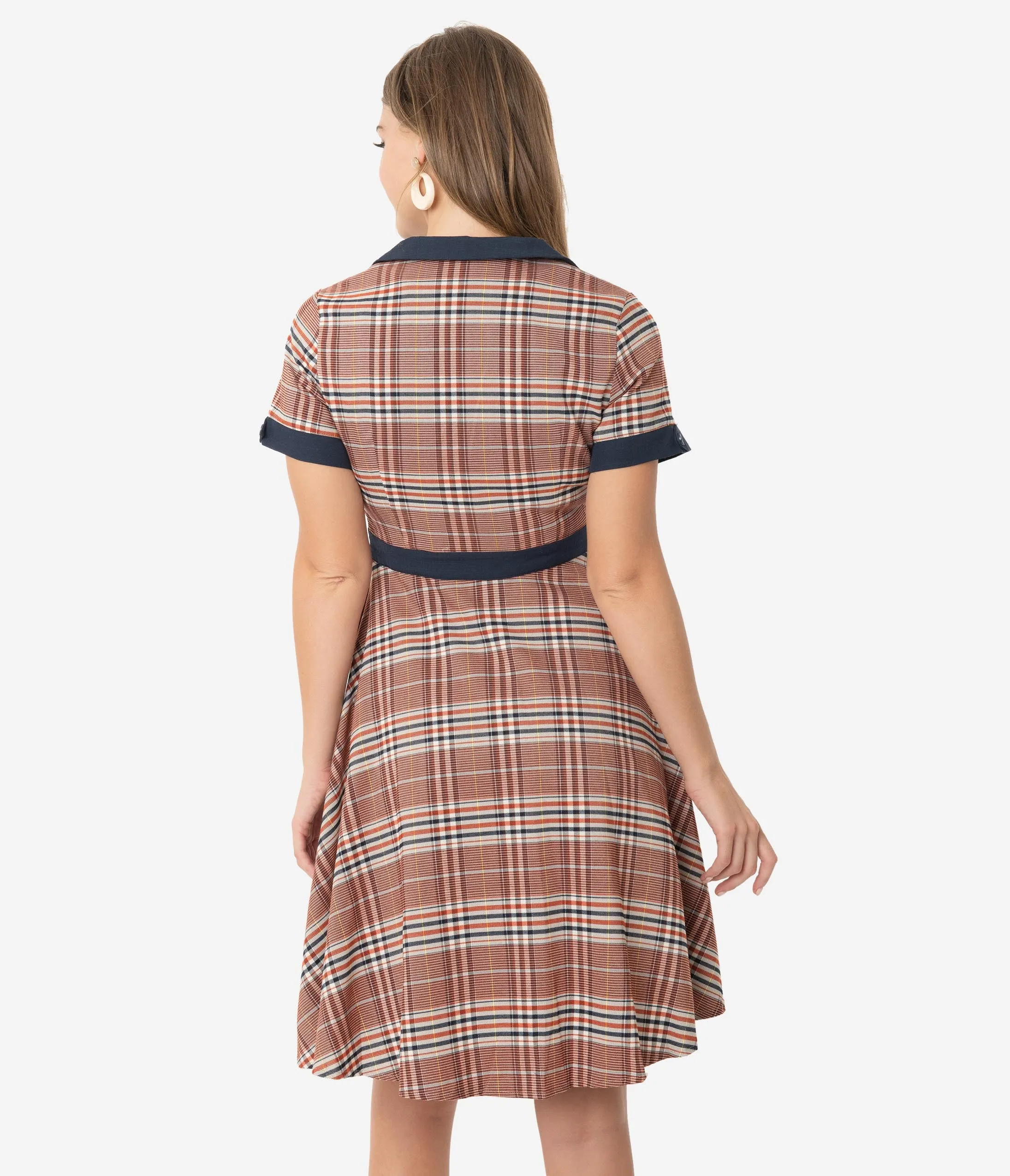 1950s Style Red & Navy Plaid Woven Short Sleeve Swing Dress