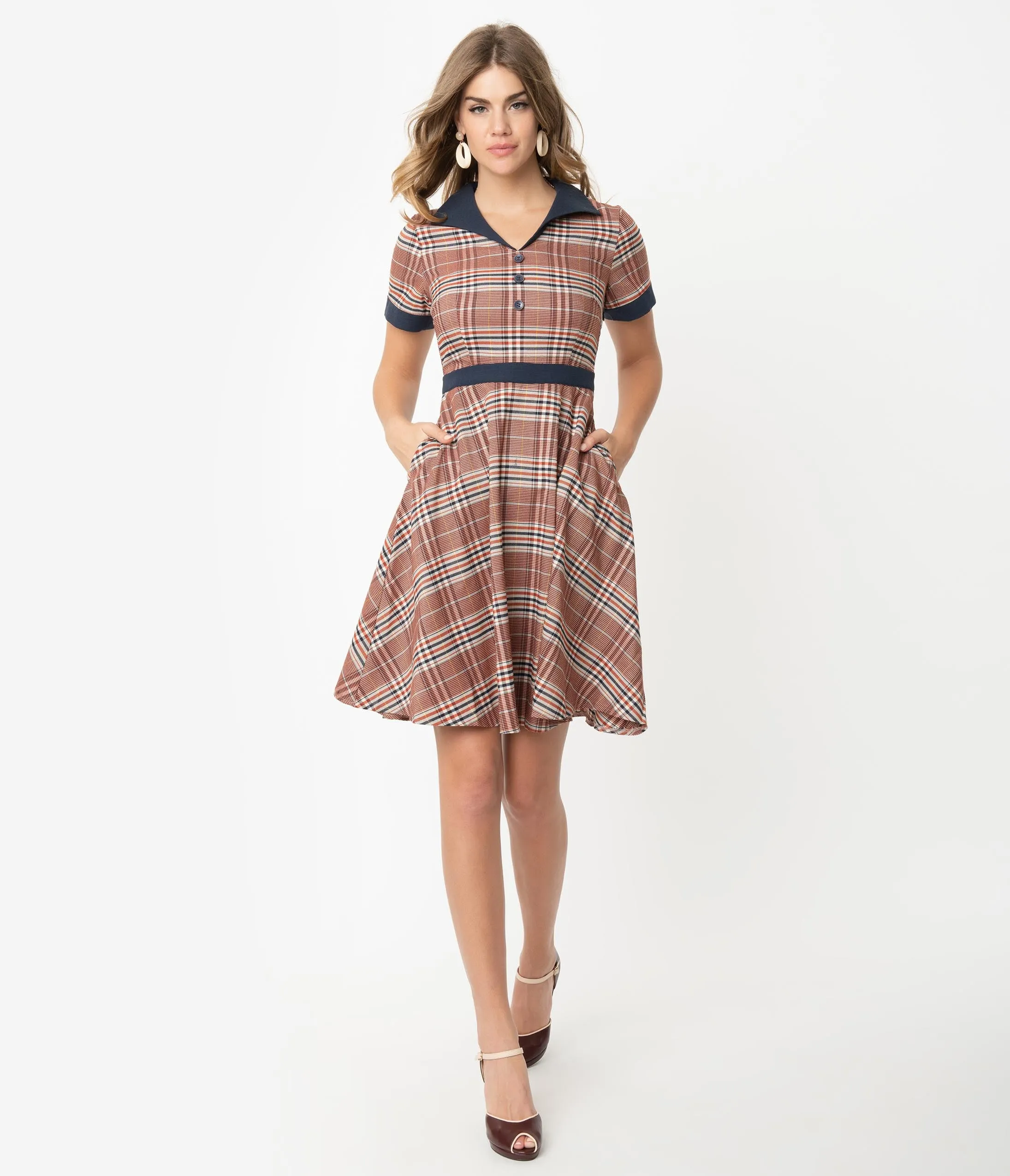 1950s Style Red & Navy Plaid Woven Short Sleeve Swing Dress