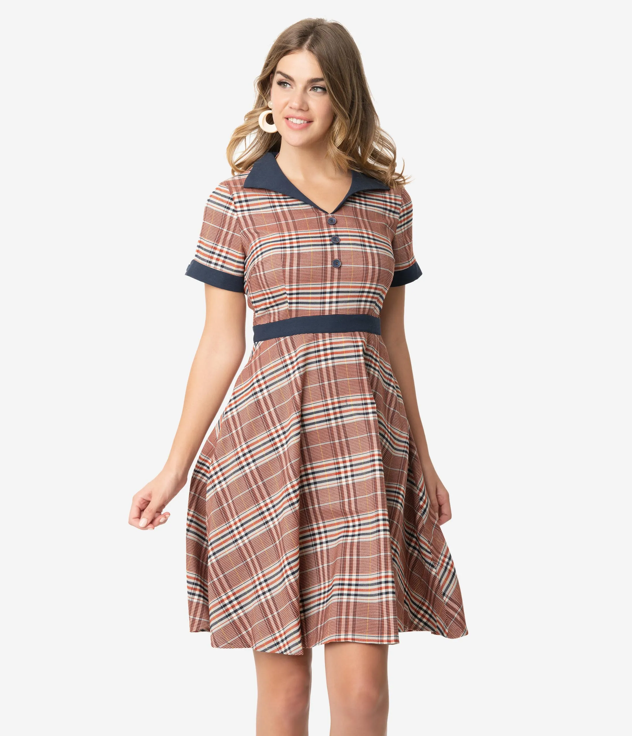 1950s Style Red & Navy Plaid Woven Short Sleeve Swing Dress
