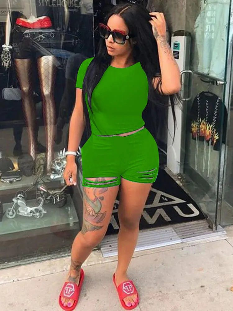 2 Piece Solid Color Short Sleeves Top Ripped Short Pants
