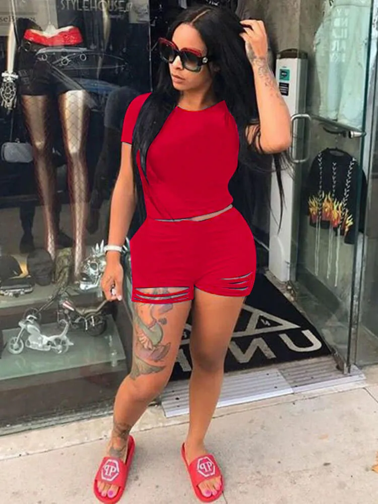 2 Piece Solid Color Short Sleeves Top Ripped Short Pants