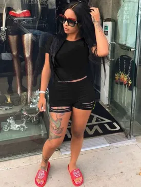 2 Piece Solid Color Short Sleeves Top Ripped Short Pants