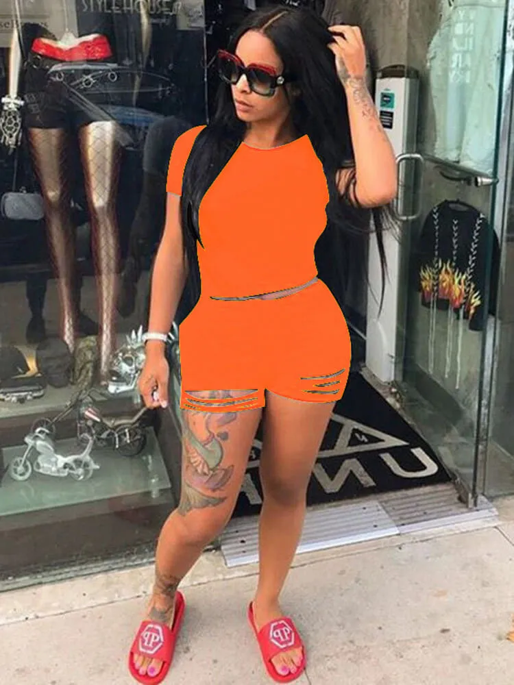 2 Piece Solid Color Short Sleeves Top Ripped Short Pants