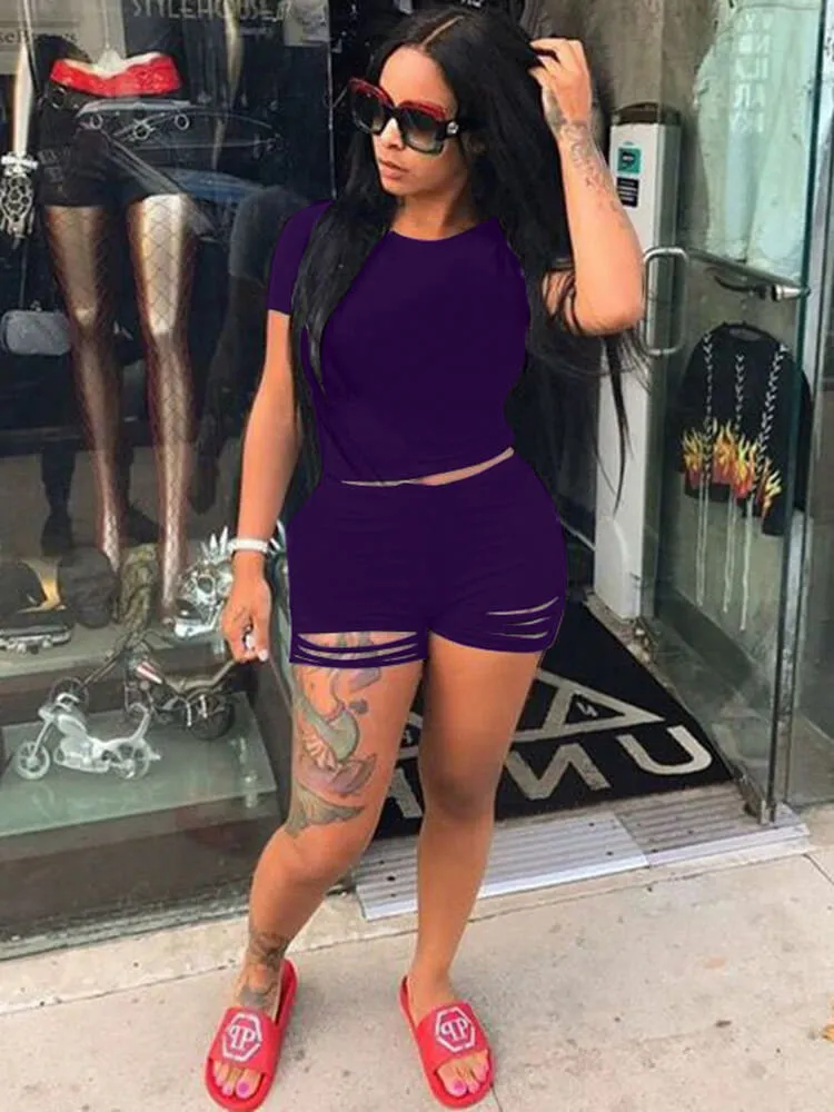 2 Piece Solid Color Short Sleeves Top Ripped Short Pants