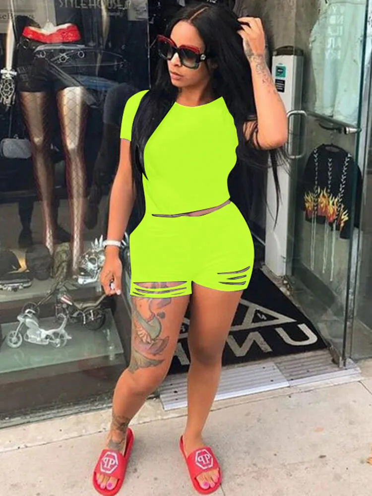 2 Piece Solid Color Short Sleeves Top Ripped Short Pants