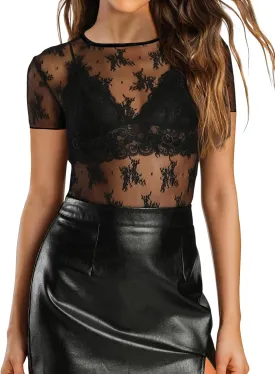 AKEWEI Womens Mesh Short Sleeve Tops Crew Neck Sexy See Through Tee Shirts Party Club Night Lace Blouse