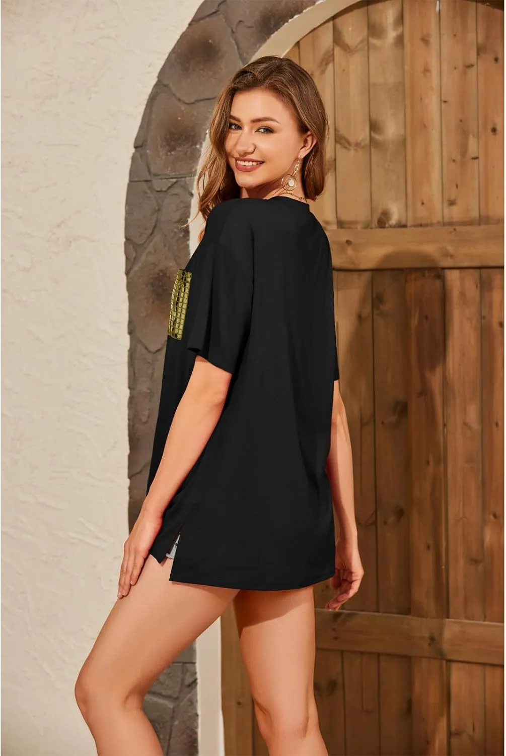 ANCAPELION Womens Oversized Summer T-Shirt Crew Neck Short Sleeve Tops Basic Casual Tees with Sequin Glitter Pocket