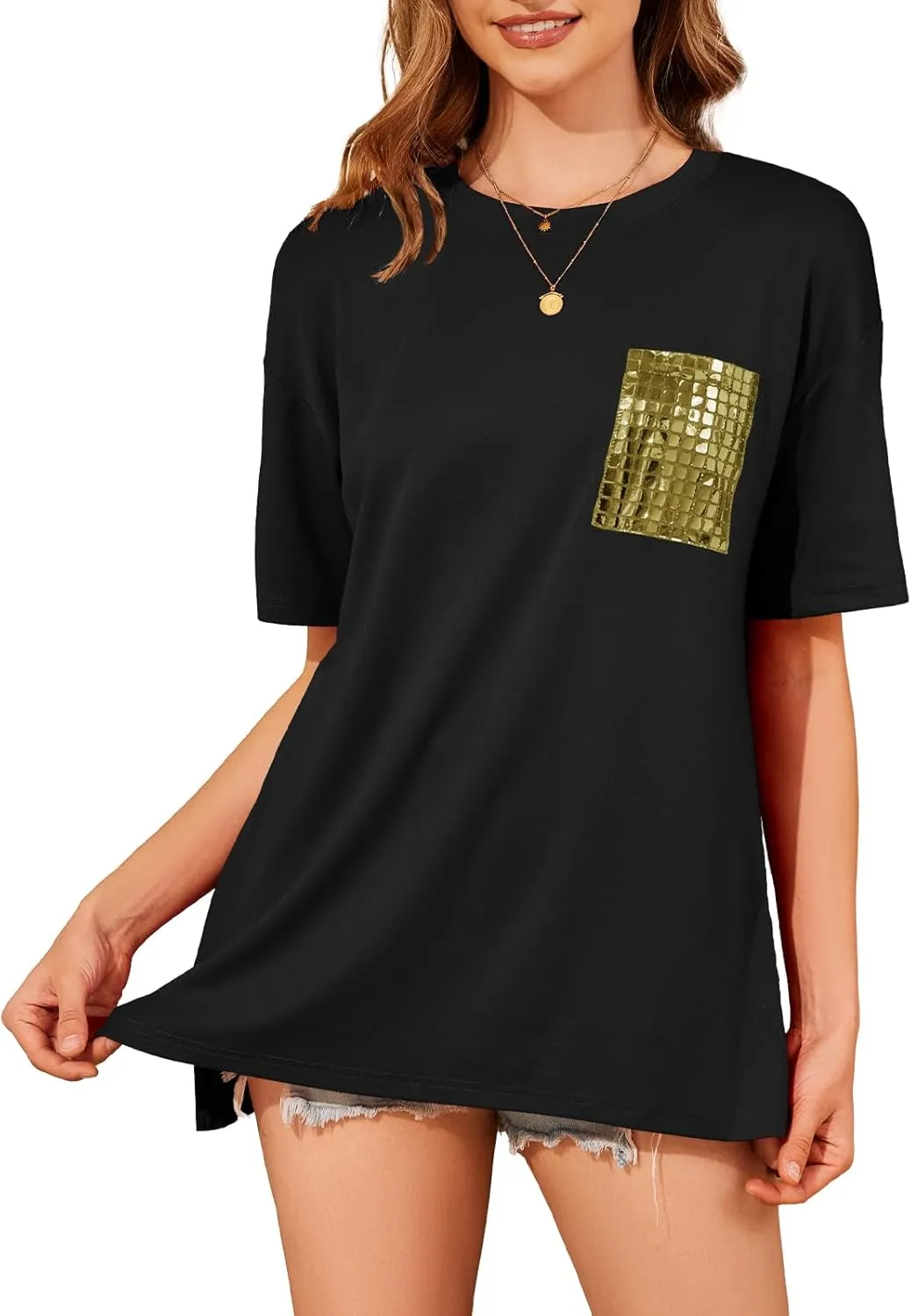 ANCAPELION Womens Oversized Summer T-Shirt Crew Neck Short Sleeve Tops Basic Casual Tees with Sequin Glitter Pocket