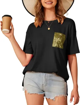 ANCAPELION Womens Oversized Summer T-Shirt Crew Neck Short Sleeve Tops Basic Casual Tees with Sequin Glitter Pocket