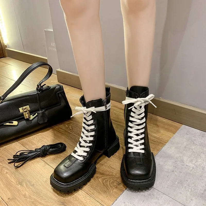 Autumn new style lace up motorcycle boots with side zipper and square head