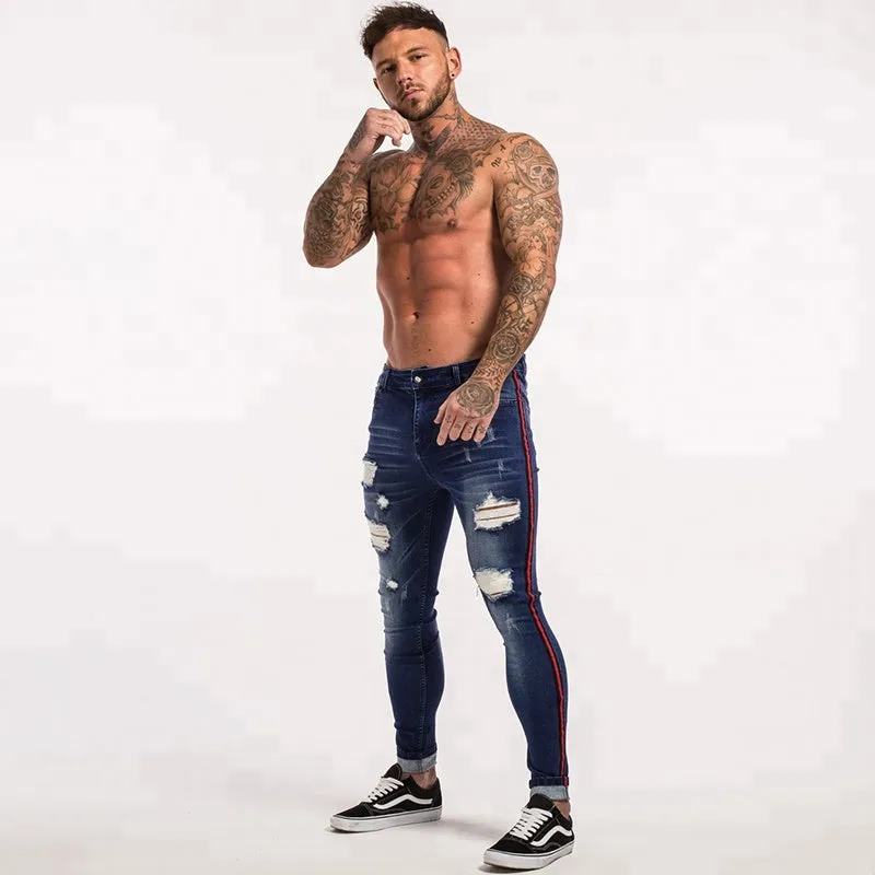 Best Sales Red Side Striped Blue Ripped Biker Pants Denim Custom Men Jeans