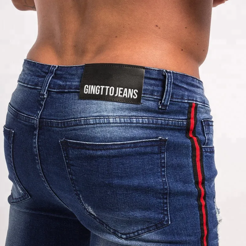 Best Sales Red Side Striped Blue Ripped Biker Pants Denim Custom Men Jeans