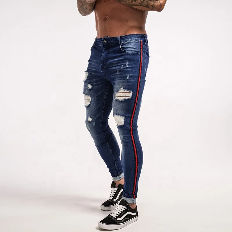 Best Sales Red Side Striped Blue Ripped Biker Pants Denim Custom Men Jeans