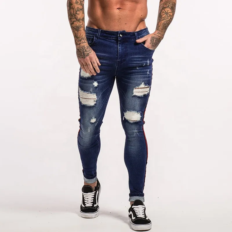 Best Sales Red Side Striped Blue Ripped Biker Pants Denim Custom Men Jeans