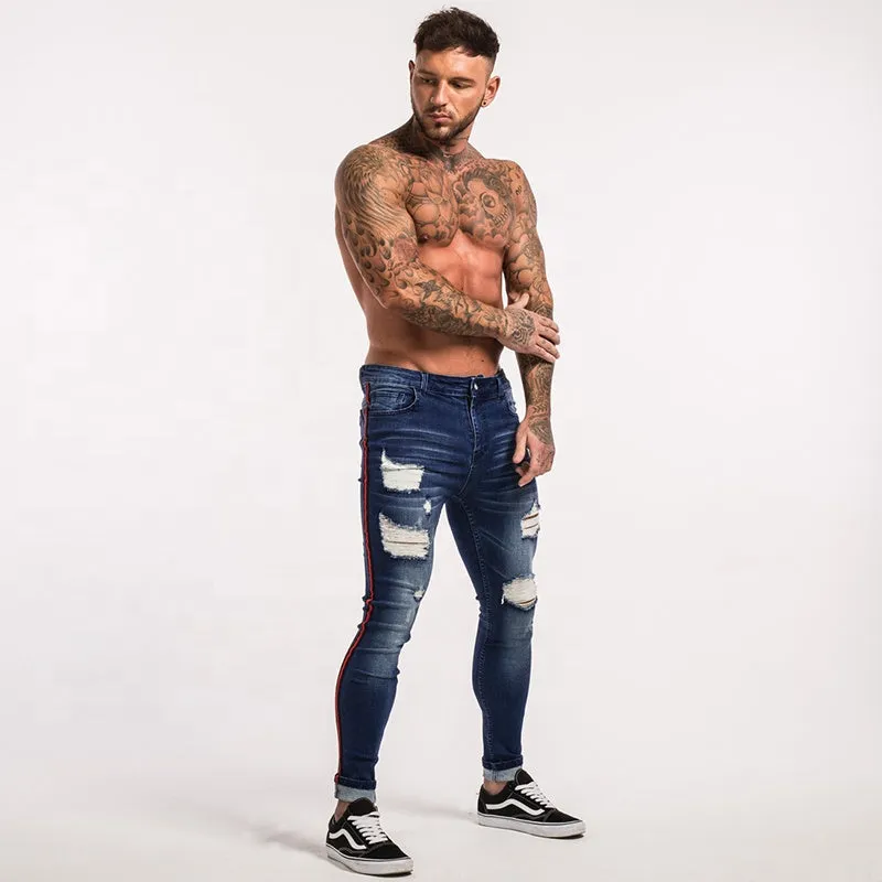 Best Sales Red Side Striped Blue Ripped Biker Pants Denim Custom Men Jeans