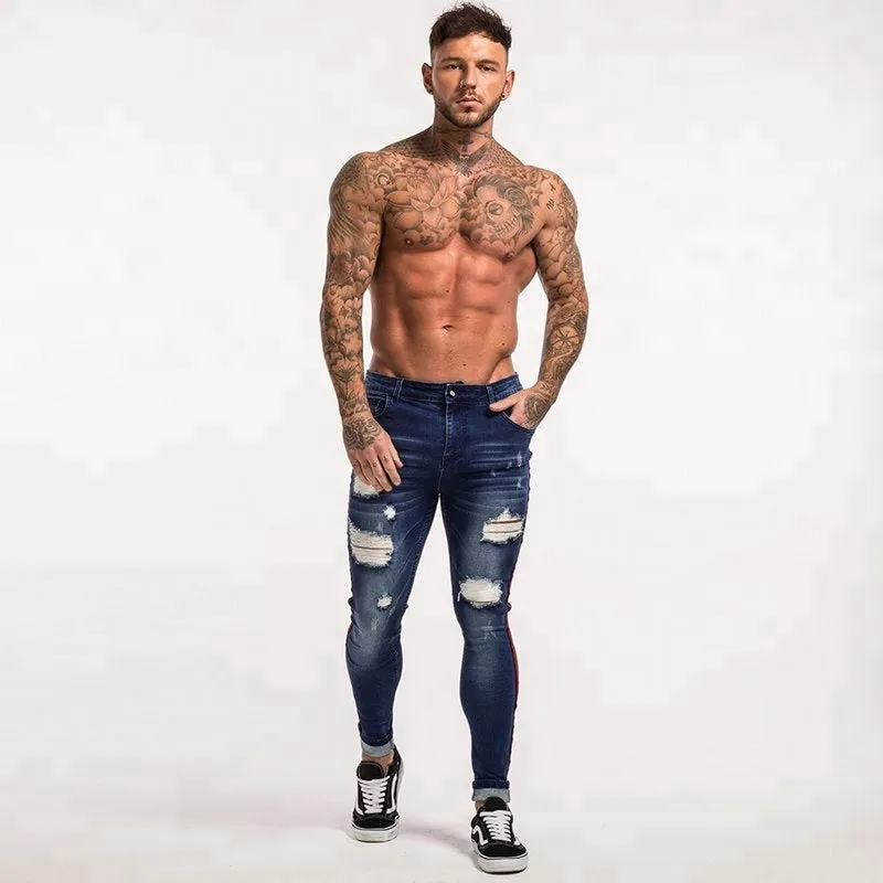 Best Sales Red Side Striped Blue Ripped Biker Pants Denim Custom Men Jeans