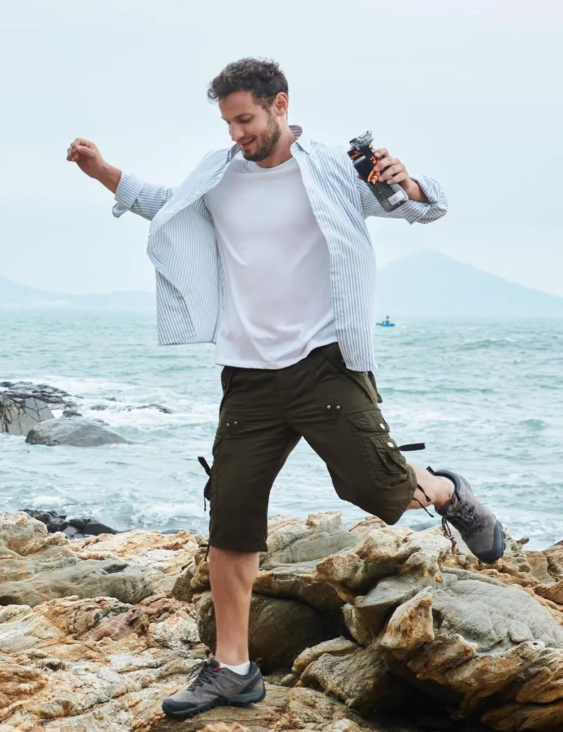 BEST SOUTH Mens Cargo Shorts with 8 Pockets Casual Long Blew Knee Capri 3/4 Pants Relaxed Fit Work Fishing Hiking