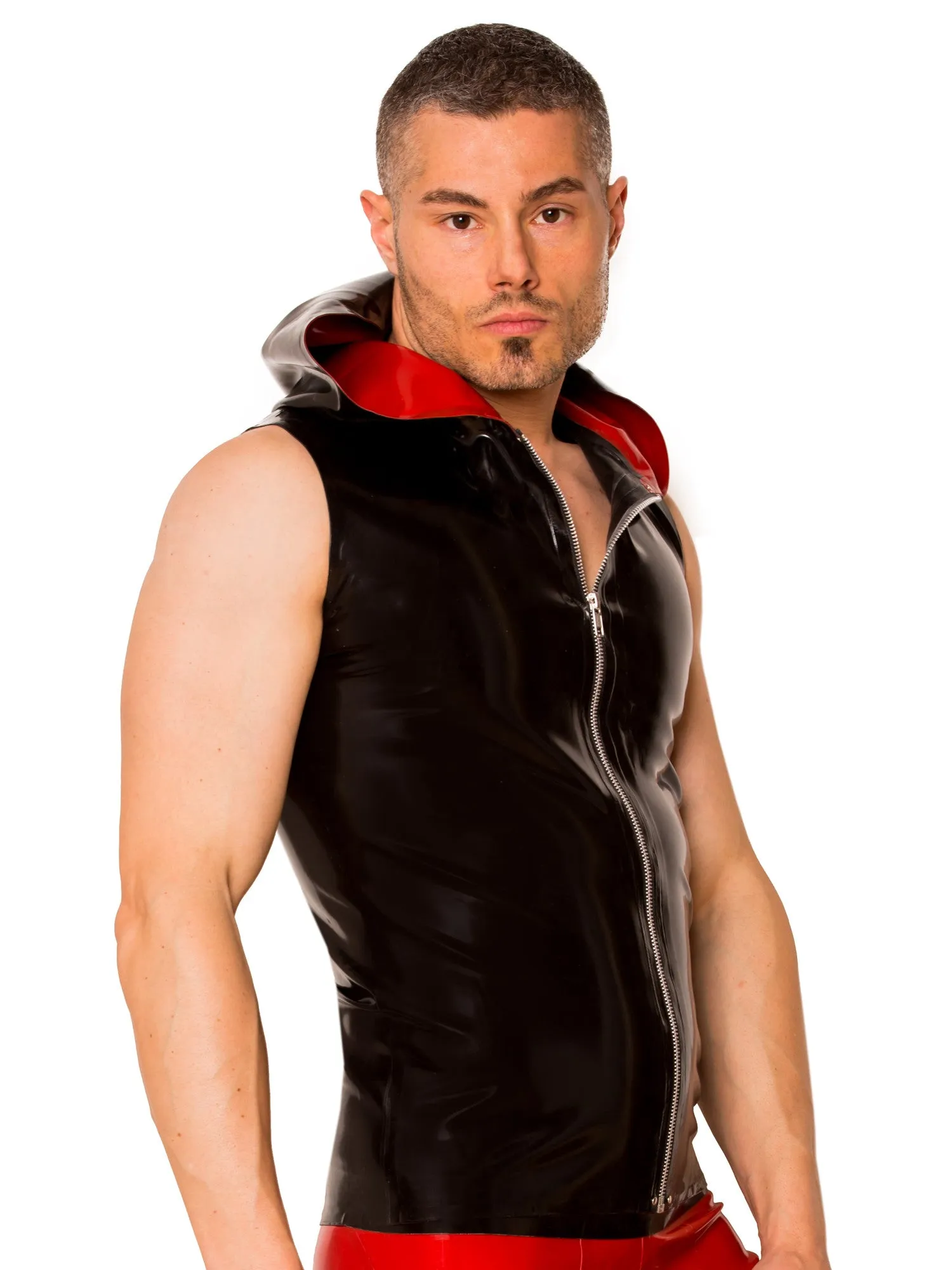 Black & Red Sleeveless Zip Latex Hoody