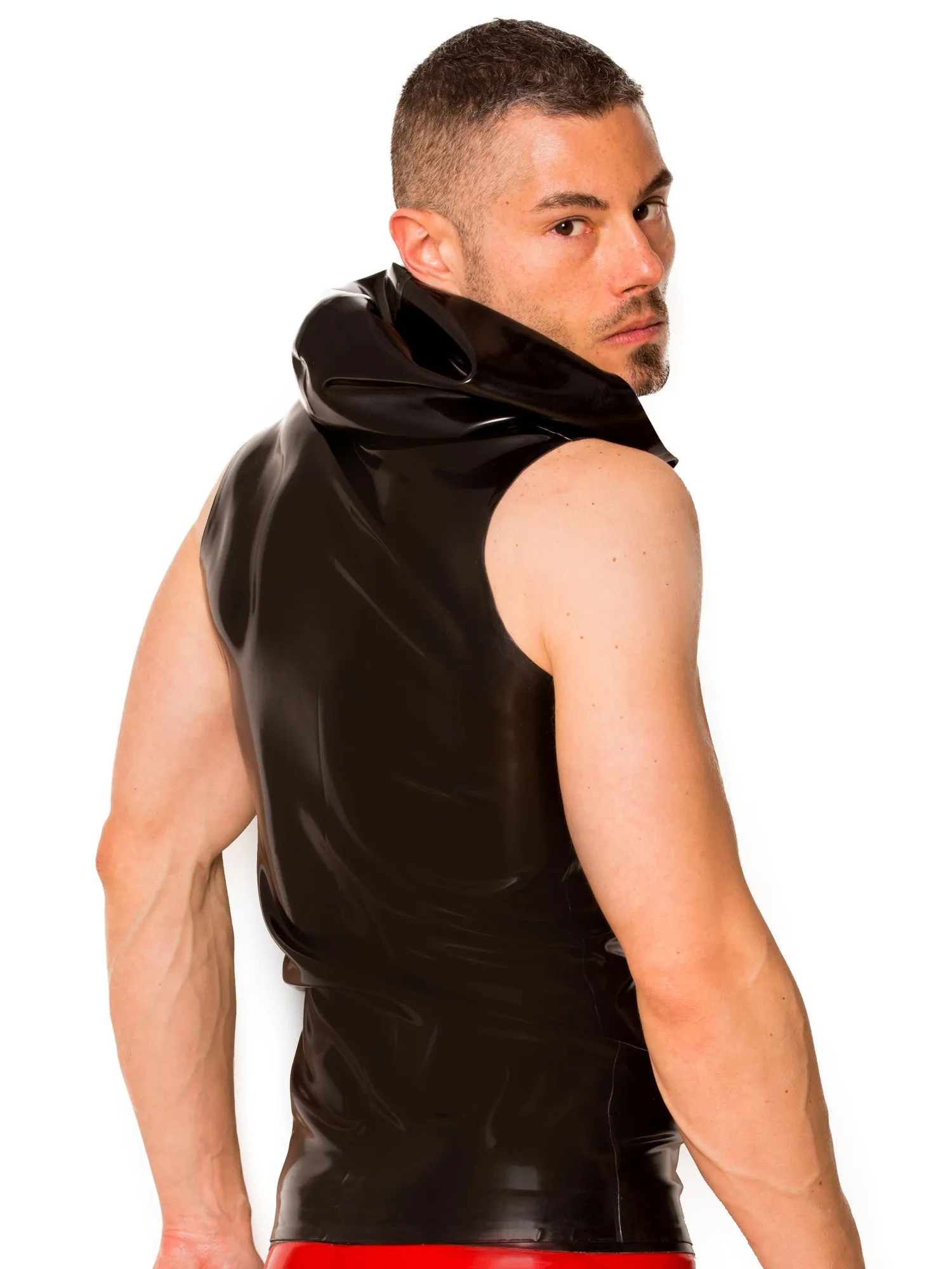 Black & Red Sleeveless Zip Latex Hoody
