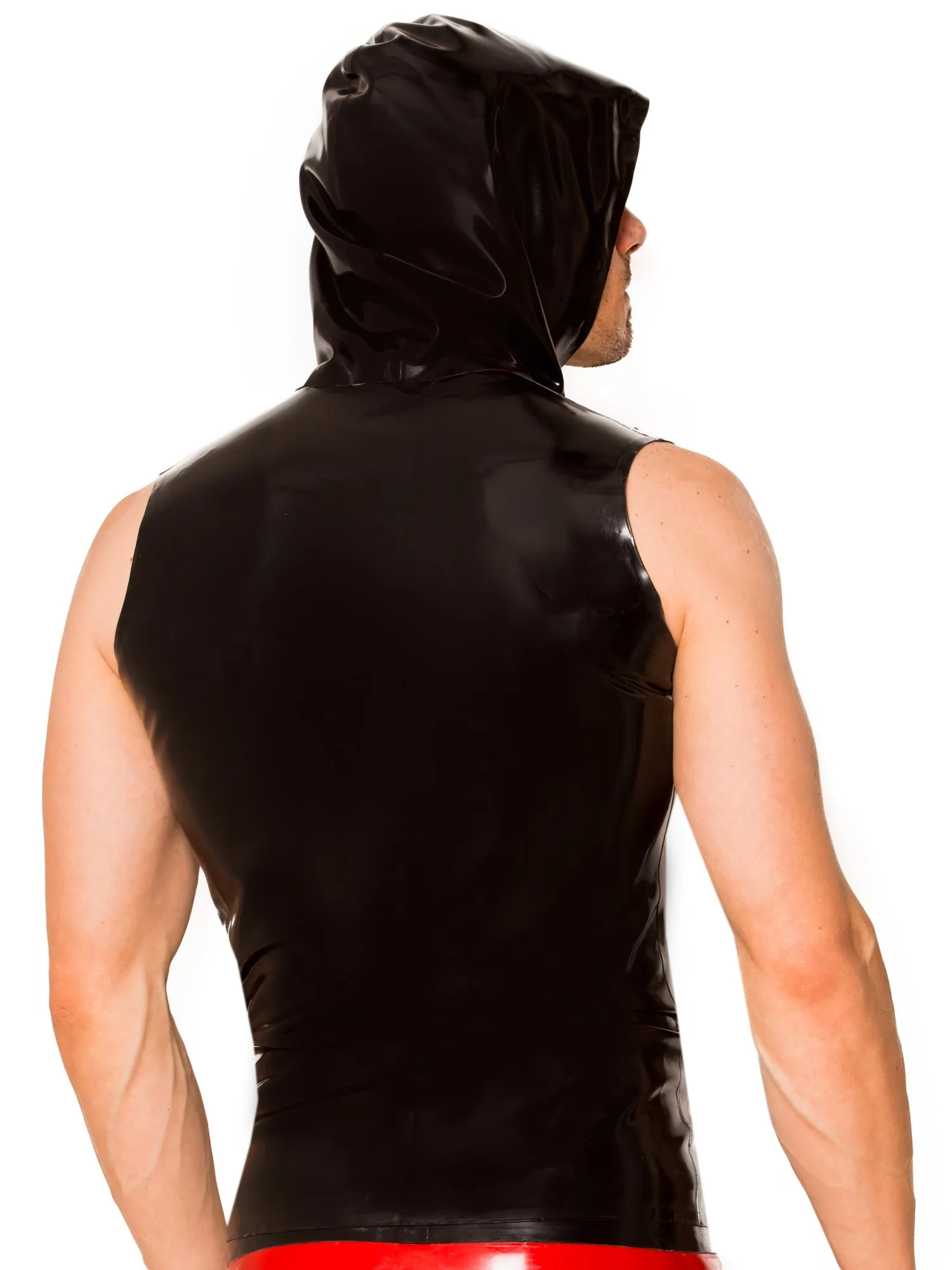 Black & Red Sleeveless Zip Latex Hoody
