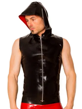 Black & Red Sleeveless Zip Latex Hoody