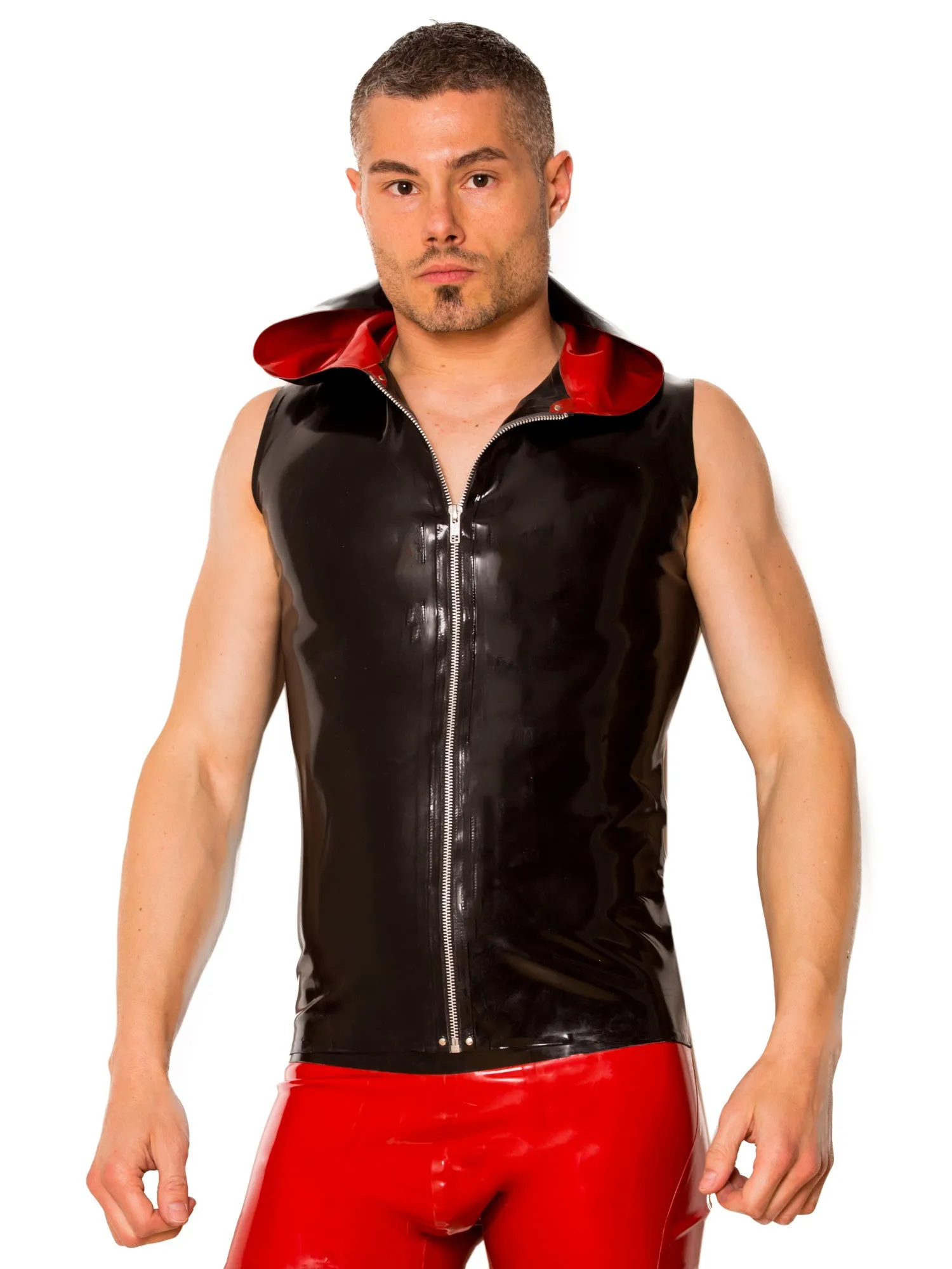 Black & Red Sleeveless Zip Latex Hoody