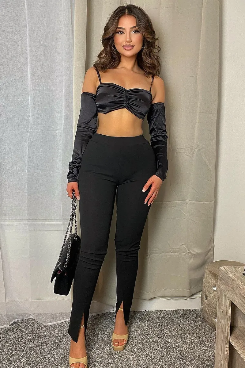 Black Bardot Satin Crop Top - Alana
