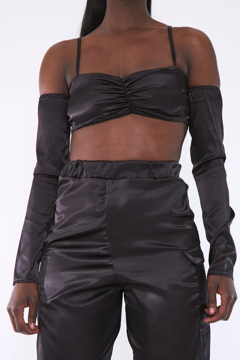 Black Bardot Satin Crop Top - Alana