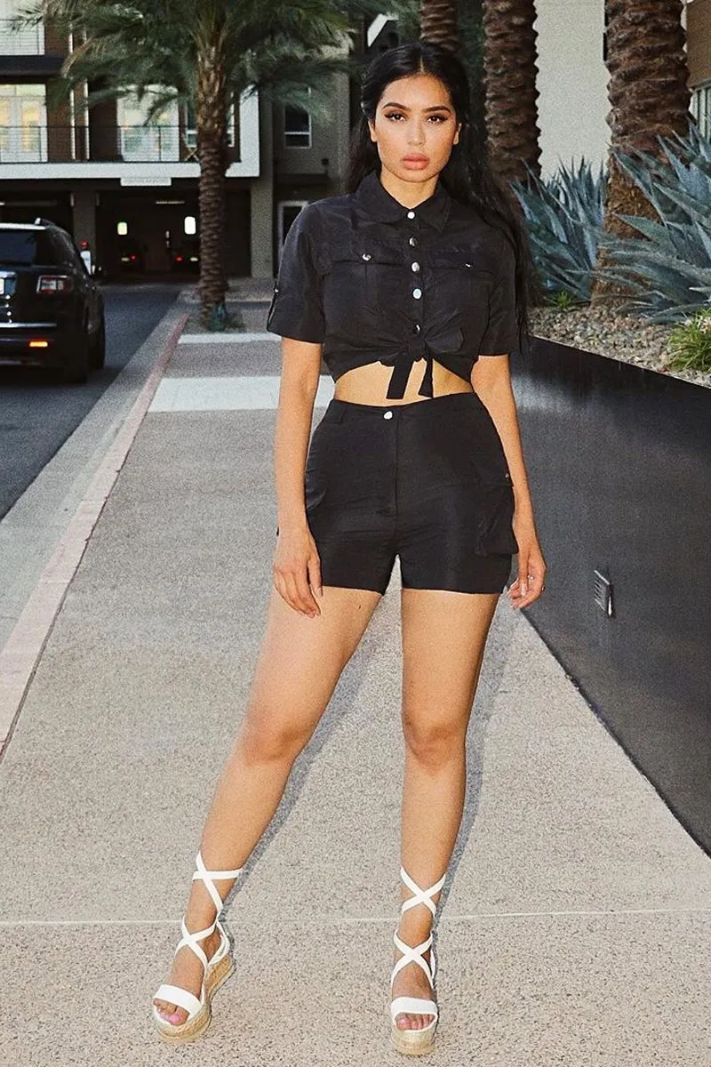 Black Button Front Utility Shirt Shorts Co-ord - Galia