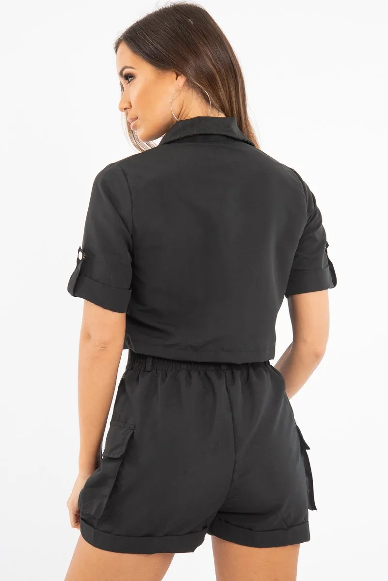 Black Button Front Utility Shirt Shorts Co-ord - Galia