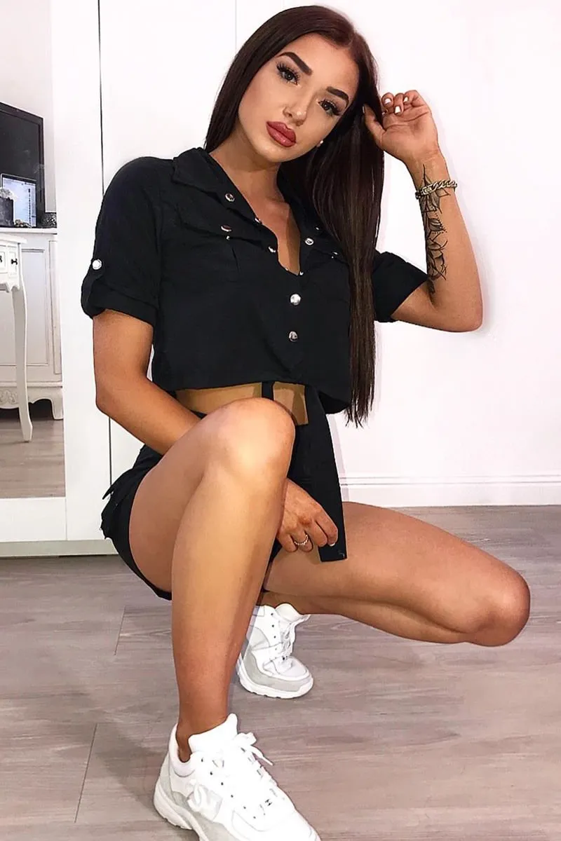 Black Button Front Utility Shirt Shorts Co-ord - Galia