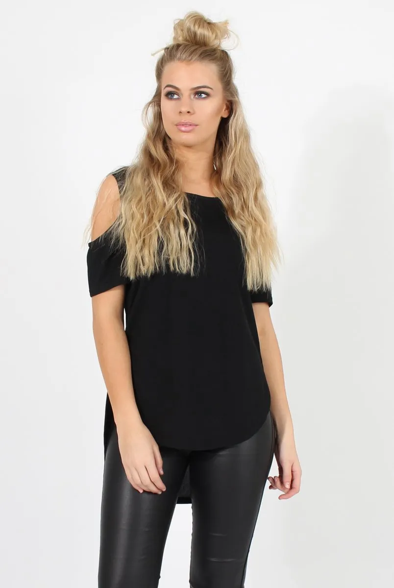 Black Cold Shoulder Dipped Hem Top - Kay