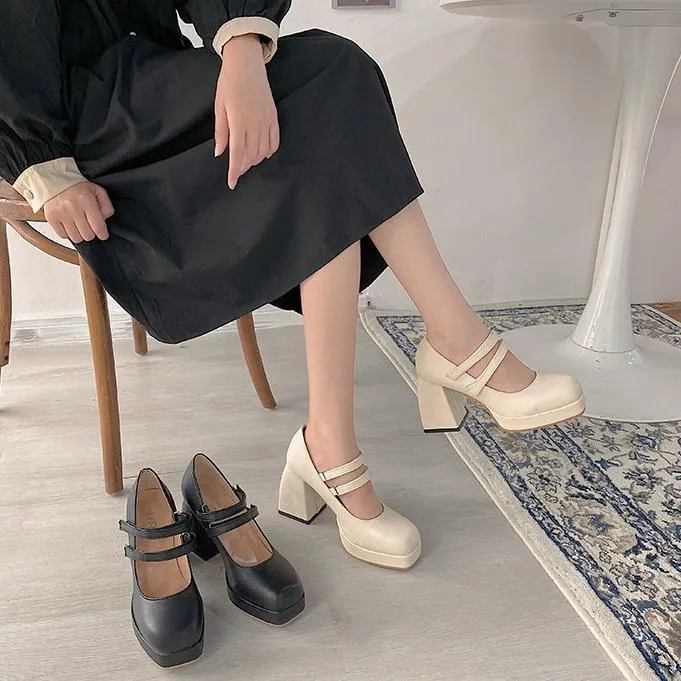 Black Creamy White Classic Thick High Heel Sandal Shoes