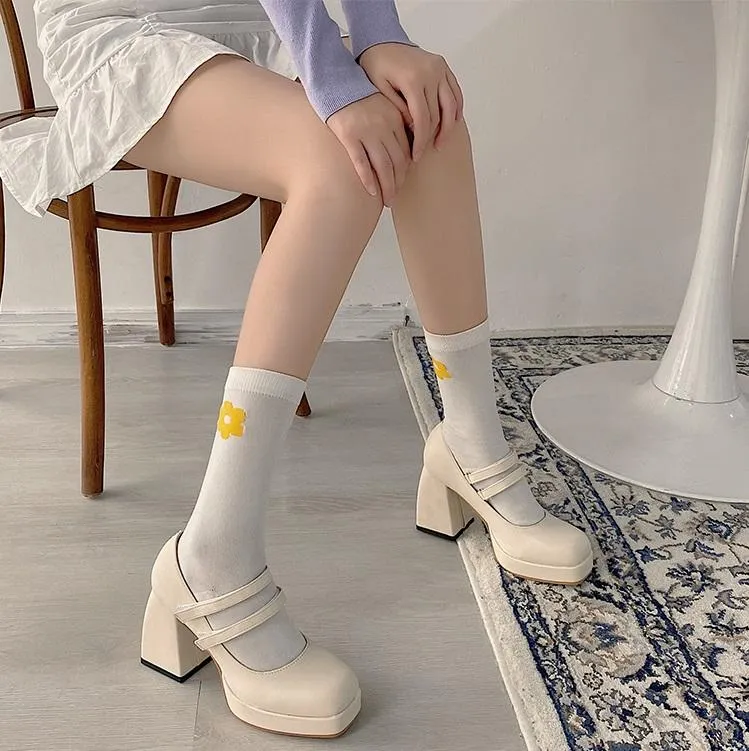 Black Creamy White Classic Thick High Heel Sandal Shoes