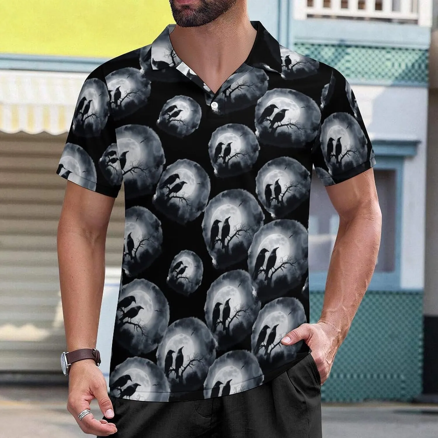 Black Crows Under Full Moon Mens Polo Shirts Short Sleeve Mesh Gym T-Shirt Summer Tee Top
