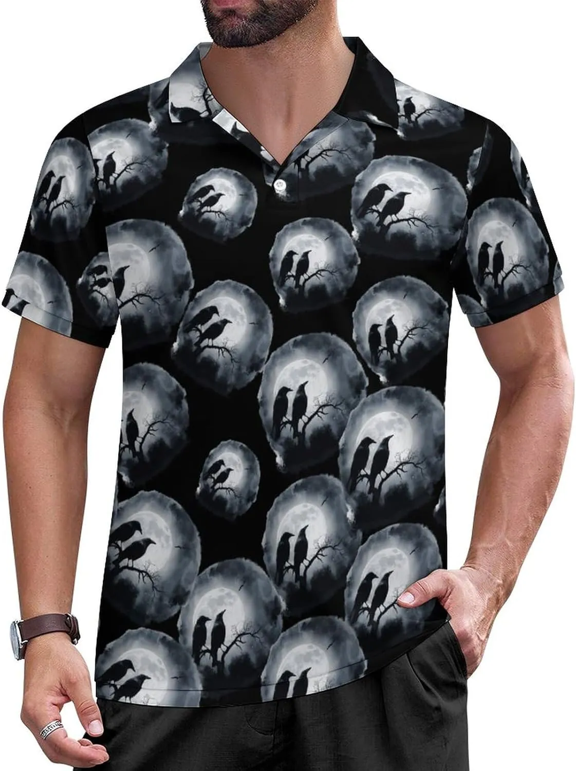 Black Crows Under Full Moon Mens Polo Shirts Short Sleeve Mesh Gym T-Shirt Summer Tee Top