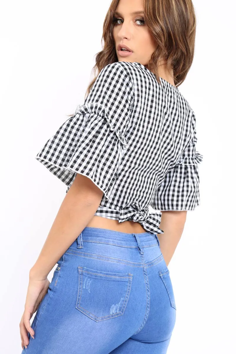 Black Gingham Bow Front Tie Around The Waist Crop Top - Konnie