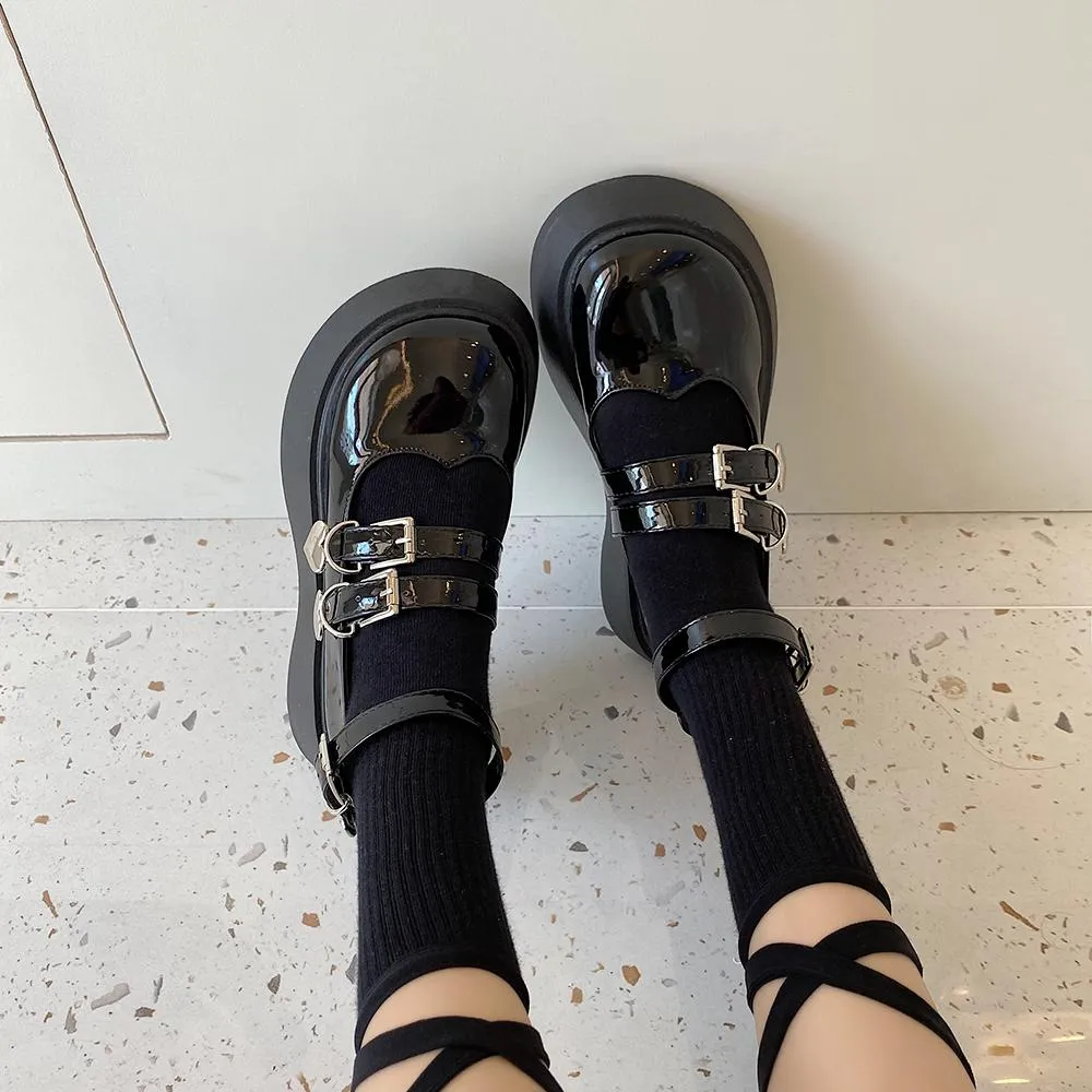 Black Glossy Lolita Heart Buckle Thick Sole Shoes