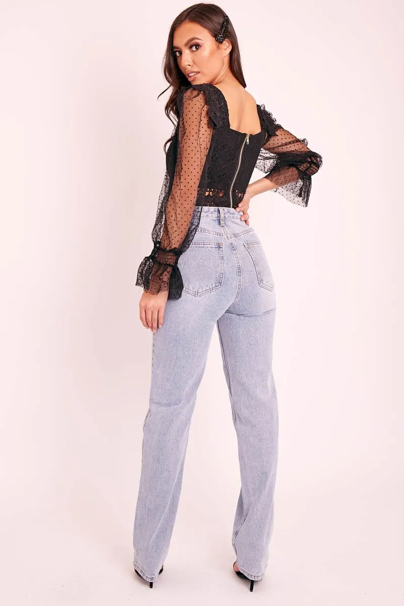 Black Lace Body Polka Mesh Sleeve Crop Top - Linsey