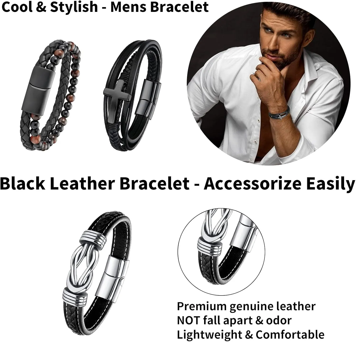 Black Leather Bracelets for Men Women 5pcs Mens Bracelet Leather and Steel Braided Cuff Bracelets