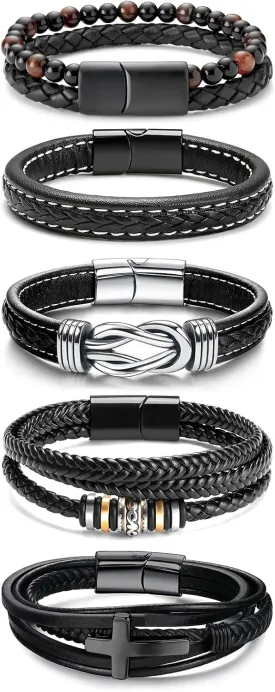 Black Leather Bracelets for Men Women 5pcs Mens Bracelet Leather and Steel Braided Cuff Bracelets