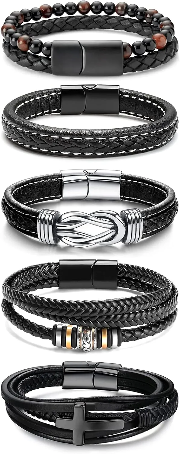 Black Leather Bracelets for Men Women 5pcs Mens Bracelet Leather and Steel Braided Cuff Bracelets