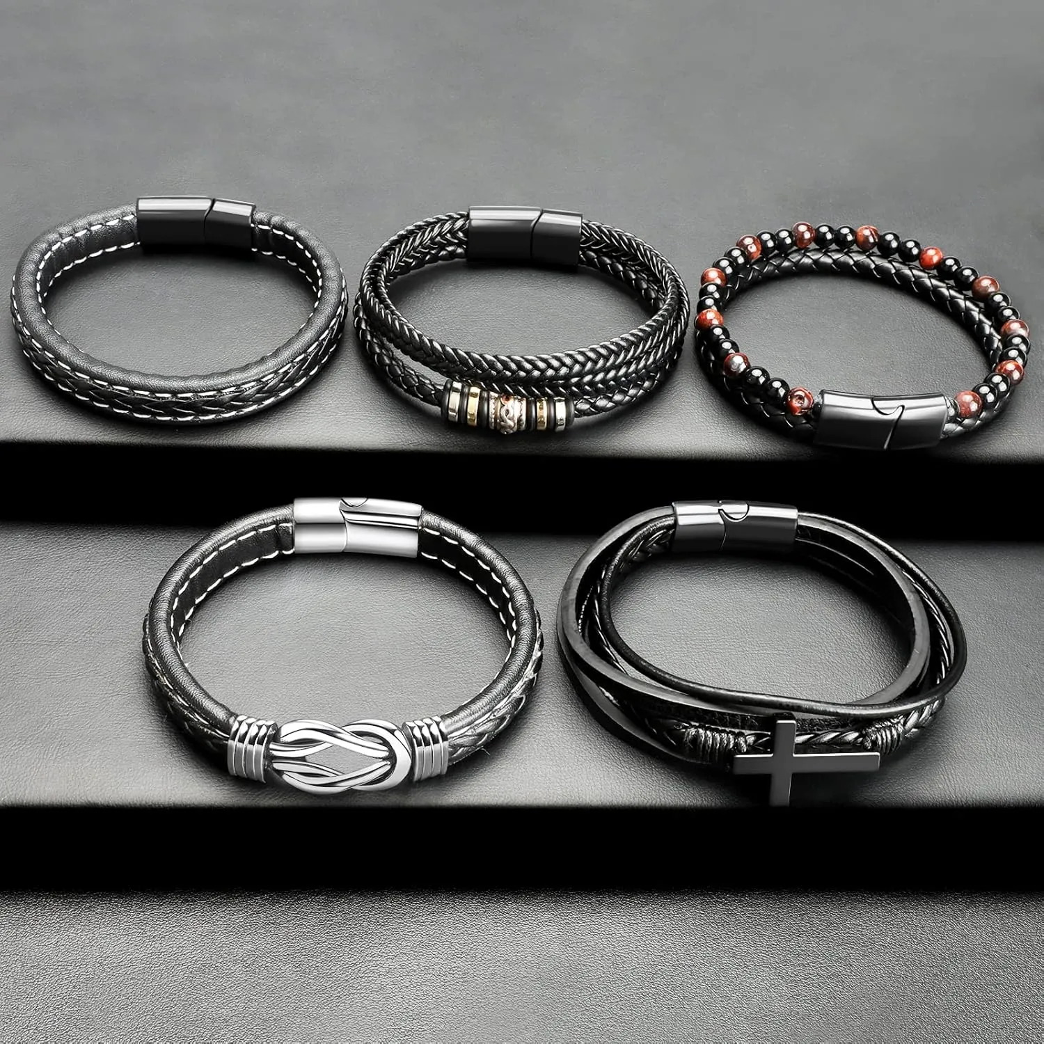 Black Leather Bracelets for Men Women 5pcs Mens Bracelet Leather and Steel Braided Cuff Bracelets