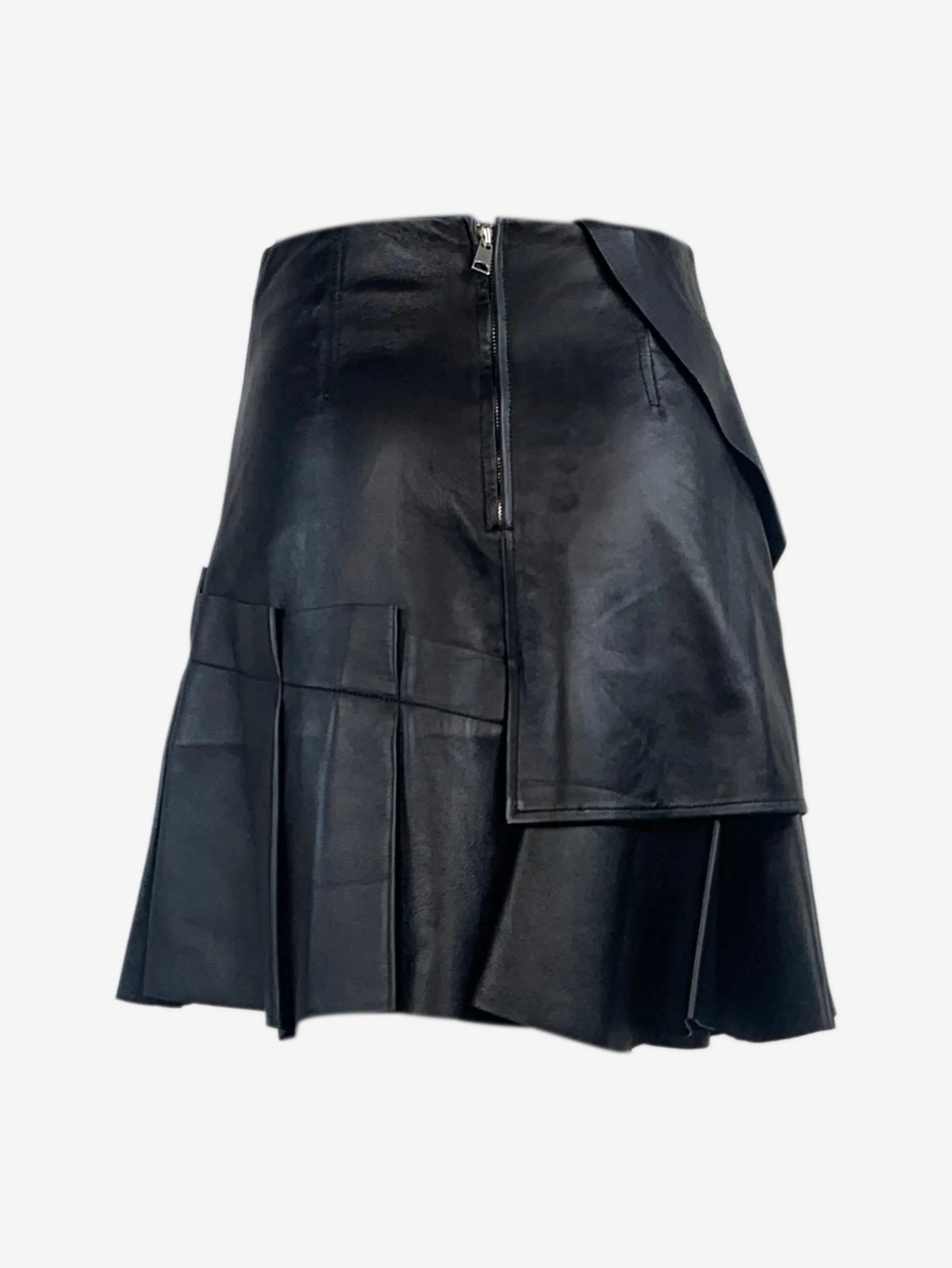Black leather ruffle mini skirt - size UK 8