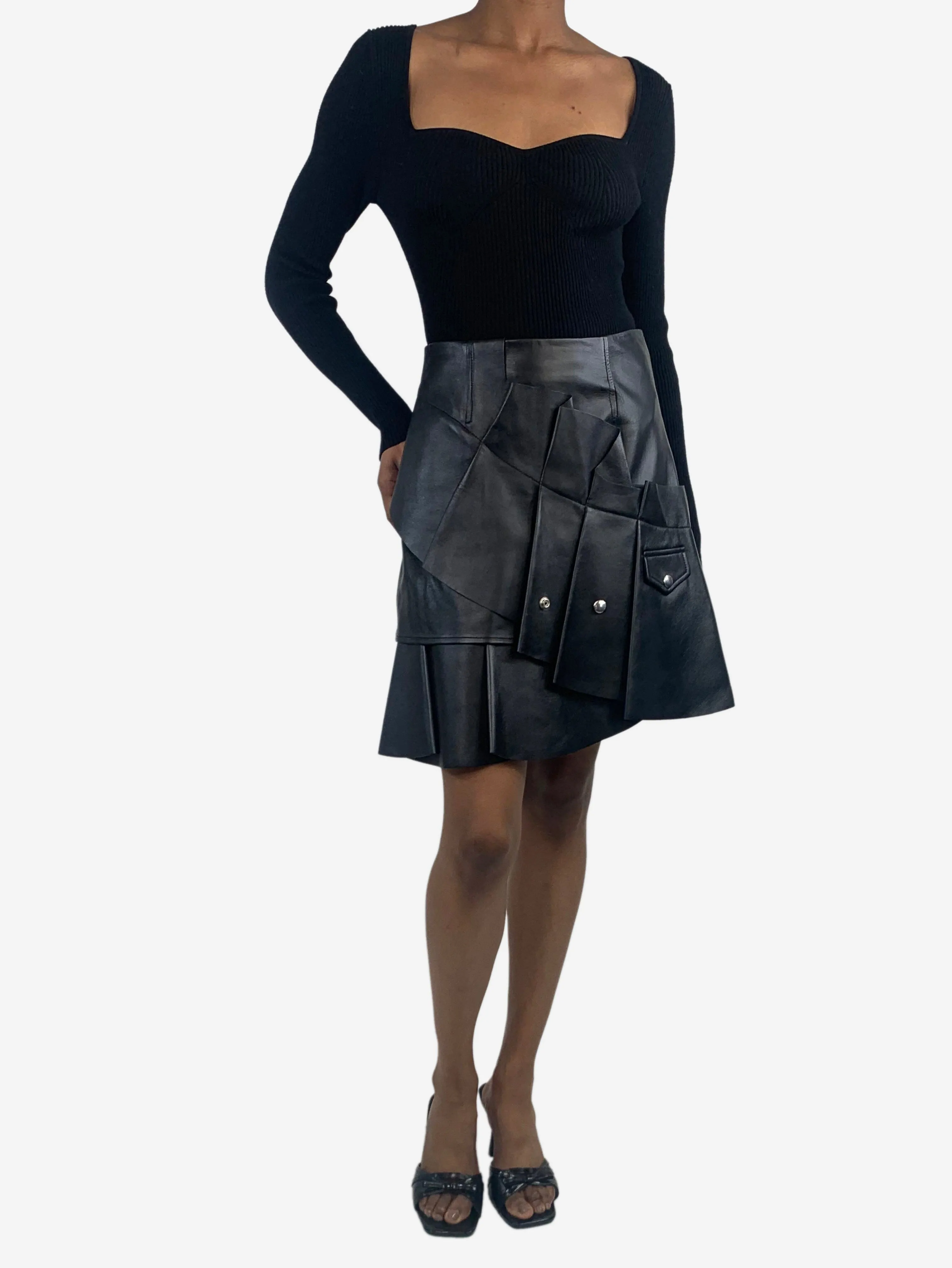 Black leather ruffle mini skirt - size UK 8